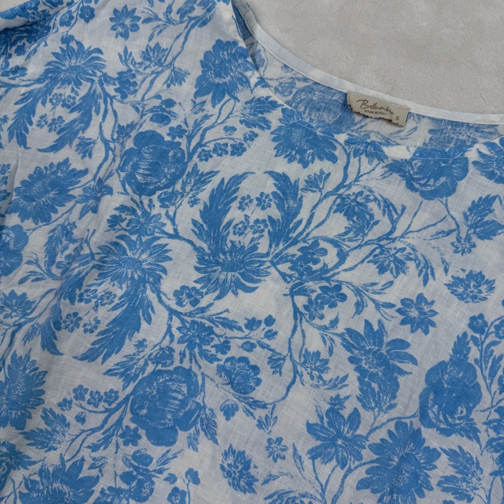 Bellambra Italy Blue Floral Linen Top Womens Small Short Sleeve Blouse Italy